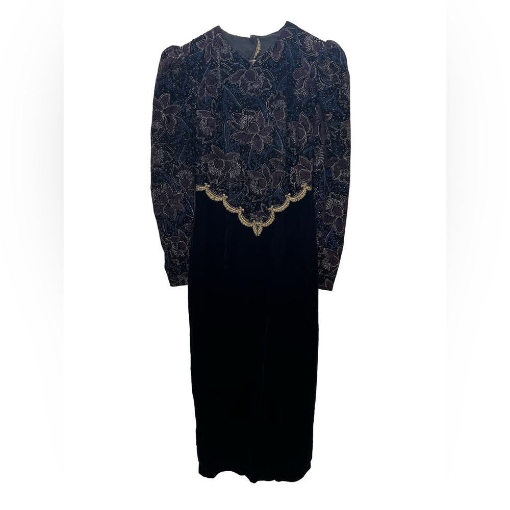 EUC Vintage 90s Scott McClintock Velvet Floral Black Gold Maxi Dress Size Small